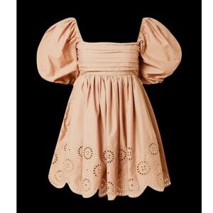 Abercrombie & Fitch Tan Neutral Puff Sleeve Eyelet Embroidered Babydoll Dress